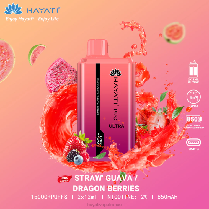 FD4H224 - Hayati store France fraise goyave/baies du dragon Hayati Pro Ultra jetable 15000 bouffées