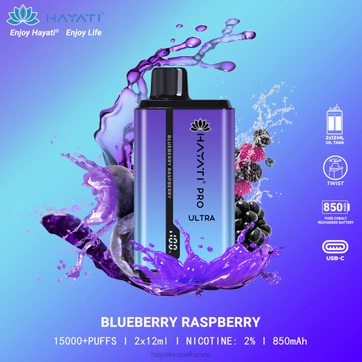 FD4H196 - Hayati vape liquid myrtille framboise Hayati Pro Ultra jetable 15000 bouffées