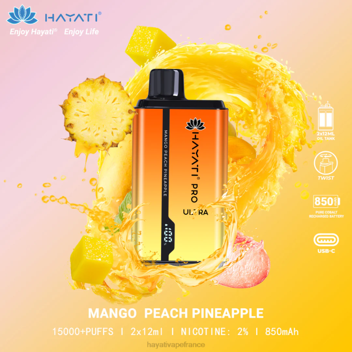 FD4H204 - Hayati store France mangue pêche ananas Hayati Pro Ultra jetable 15000 bouffées