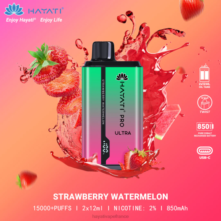 FD4H211 - Hayati vape France pastèque fraise Hayati Pro Ultra jetable 15000 bouffées