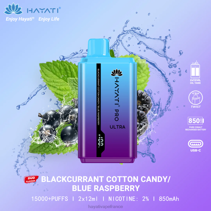 FD4H216 - Hayati vape liquid barbe à papa cassis/framboise bleue Hayati Pro Ultra jetable 15000 bouffées