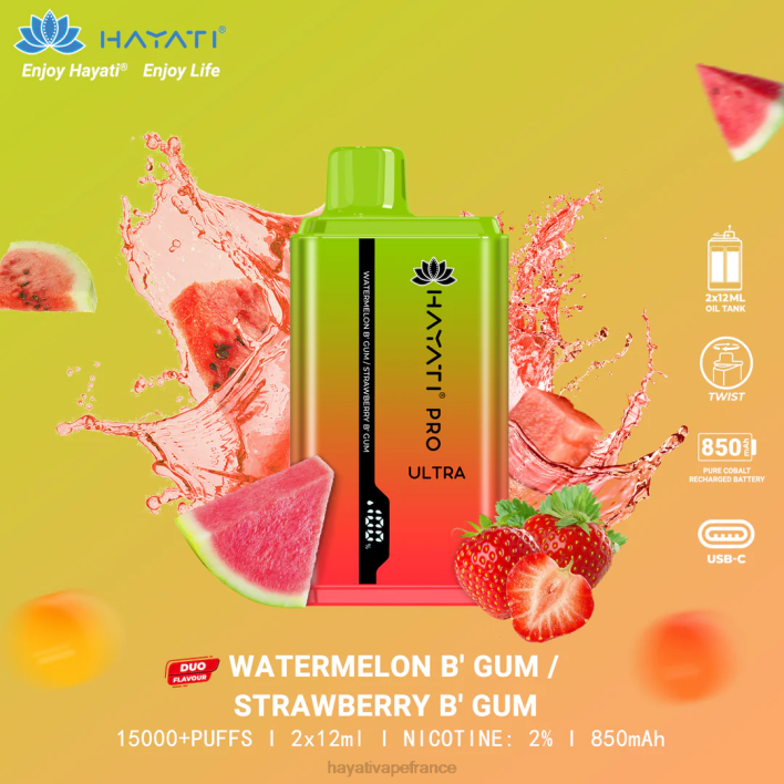 FD4H227 - Hayati France bubblegum pastèque / bubblegum fraise Hayati Pro Ultra jetable 15000 bouffées