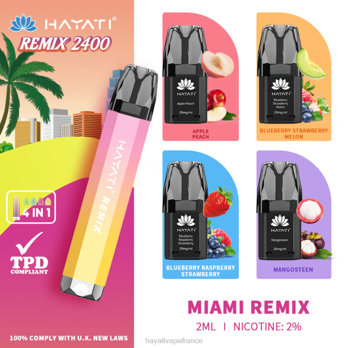 FD4H56 - Hayati vape liquid miami remix Hayati Remix système de dosettes préremplies 2400 bouffées